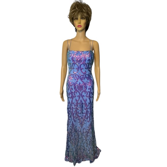 B. Darlin Square Neck Strappy Back Long Gown Iridescent Sequins NWT - Picture 7 of 17